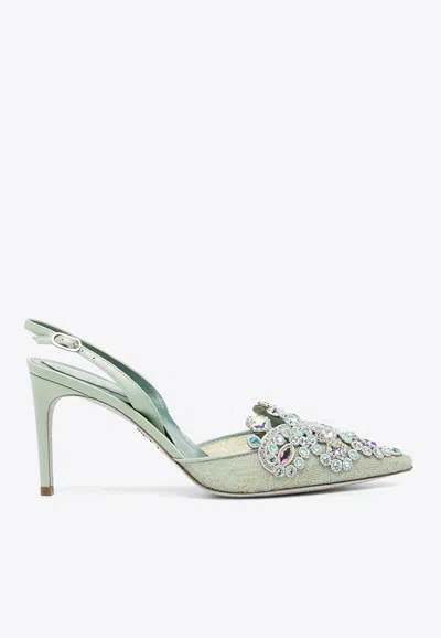 René Caovilla 80 Crystal Embellished Slingback Pumps In Mint
