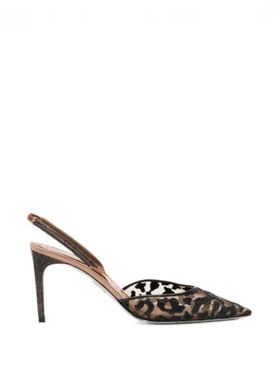 René Caovilla 80mm Leopard Embellished Mesh Slingback Pumps In Brown