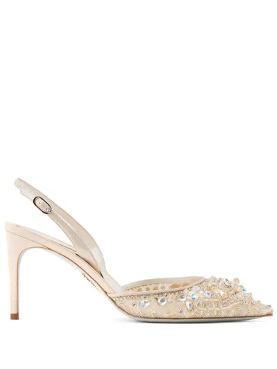 René Caovilla 80mm Crystal-embellished Lace Pumps In Neutrals