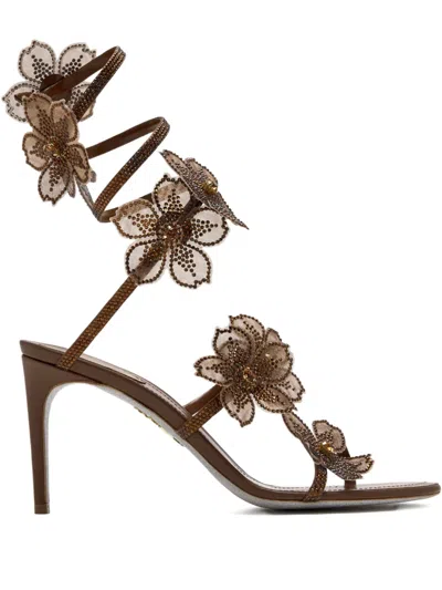 René Caovilla 80mm Floriane Crystal-flower Sandals In Brown