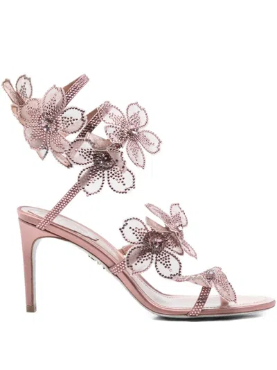 René Caovilla 80mm Peach Flower Sandals In Pink