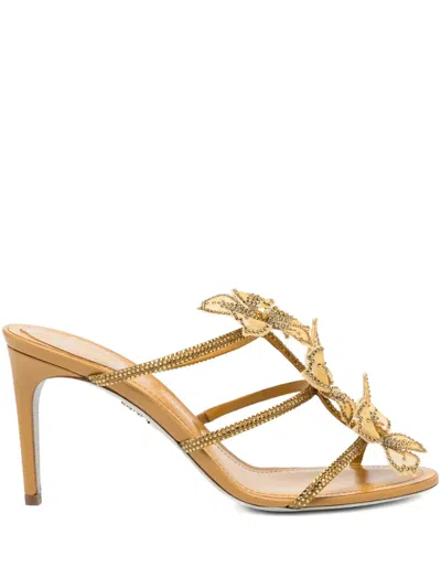René Caovilla 80mm Peach-flower Sandals In Gold