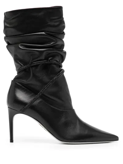 René Caovilla 80mm Ruched Leather Boots In Black