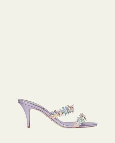 René Caovilla 80mm Satin Flower Crystal Mule Sandals In Purple
