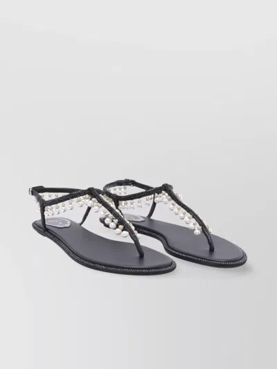 René Caovilla Beaded Strap Leather Sole Sandals