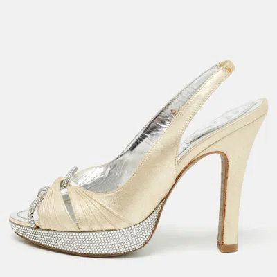 Pre-owned René Caovilla Beige Glitter Nubuck Leather Crystal Embellished Slingback Sandals Size 36.5