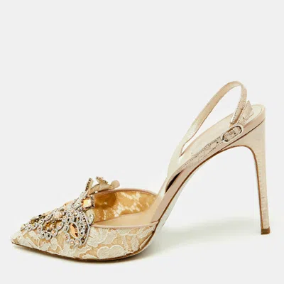 Pre-owned René Caovilla Rene Caovilla Beige Lace And Leather Crystal Embellished Slingback Pumps Size 41