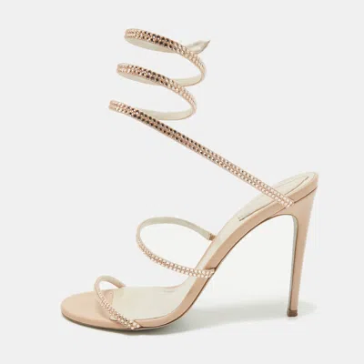 Pre-owned René Caovilla Beige Leather Crystal Embellished Cleo Sandals Size 40.5