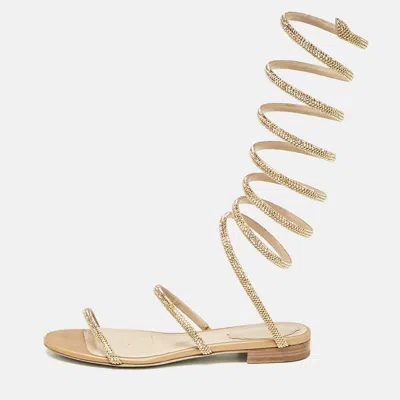 Pre-owned René Caovilla Beige Satin Cleo Ankle Wrap Flat Sandals Size 35