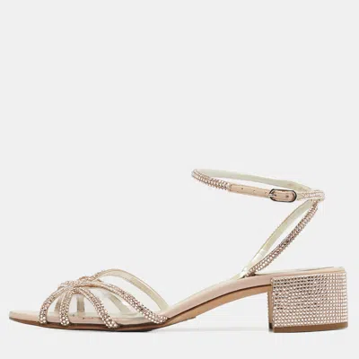 Pre-owned René Caovilla Beige Satin Crystal Embellished Cleo Ankle Strap Sandals Size 40