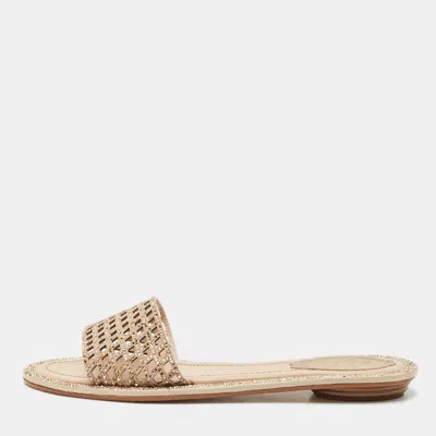 Pre-owned René Caovilla Beige Suede Crystal Embellished Flat Slides Size 37.5