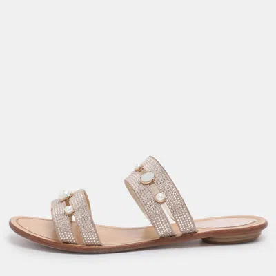 René Caovilla Beige Suede Crystal Embellished Slide Flat Sandals