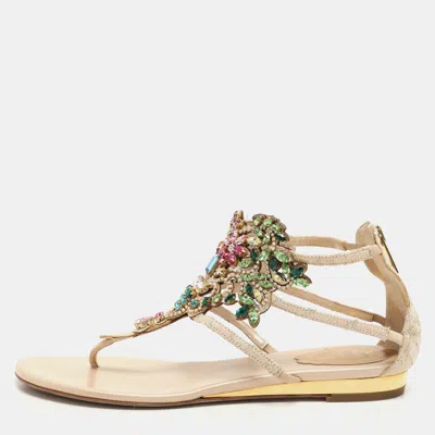 Pre-owned René Caovilla Rene Caovilla Beige/multicolor Lace And Crystal Embellished Flat Sandals Size 37