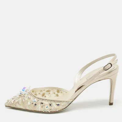 Pre-owned René Caovilla Beige/silver Mesh Jeweled Cinderella Slingback Pumps Size 38