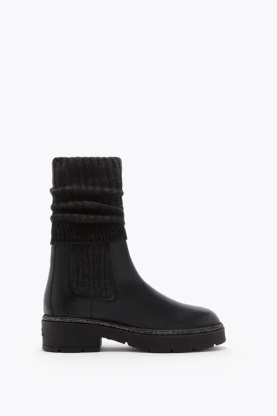 René Caovilla Bika Leather And Cashmere Black Ankle Boot With Crystals 50