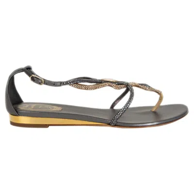 Pre-owned René Caovilla Rene Caovilla Black & Gold Rhinestone Embellished Flat Sandals Shoes 36.5