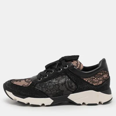 Pre-owned René Caovilla Black Lace And Leather Rhinestone Embellished Low Top Sneakers Size 36