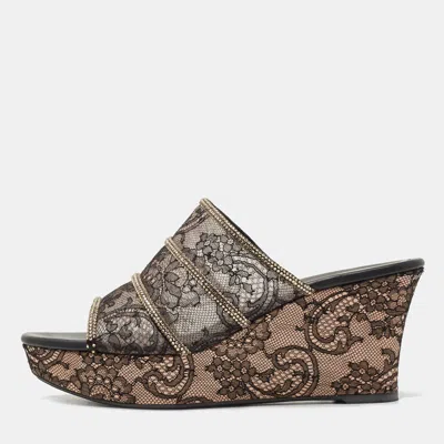 René Caovilla Black Lace Crystal Embellished Wedge Sandals In Brown