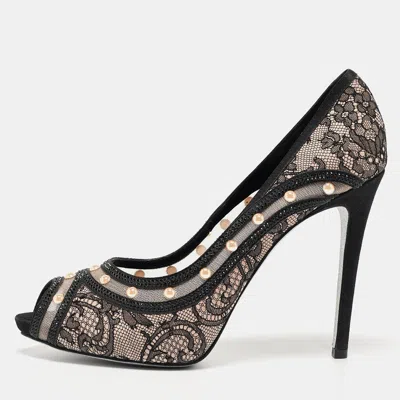 René Caovilla Black Lace Pearls Embellished Platform Peep Toe Pumps