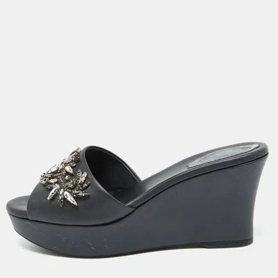 René Caovilla Black Leather Crystal Embellished Platform Wedge Sandals