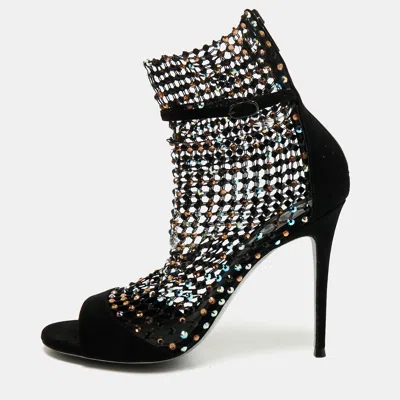Pre-owned René Caovilla Black Mesh And Suede Ankle Length Galaxia Boots Size 38