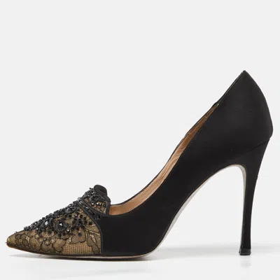 René Caovilla Black Satin And Lace Crystal Embellished Pumps