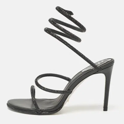 Pre-owned René Caovilla Rene Caovilla Black Satin And Leather Cleo Crystal Embellished Sandals Size 40