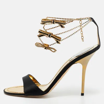 René Caovilla Black Satin Crystal Embellished Ankle Strap Sandals