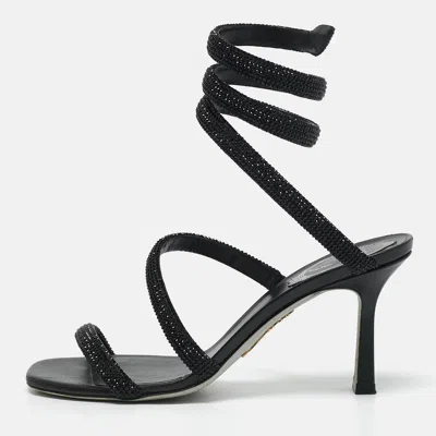 Pre-owned René Caovilla Black Satin Crystal Embellished Cleo Sandals Size 37