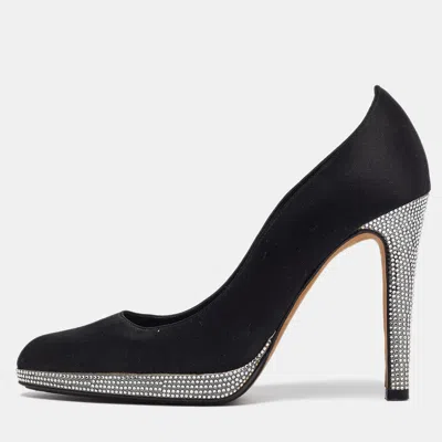 René Caovilla Black Satin Crystal Embellished Platform Pumps