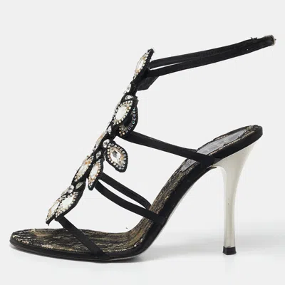 Pre-owned René Caovilla Black Satin Crystals Embellished T-strap Sandals Size 37
