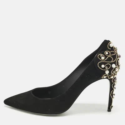 Pre-owned René Caovilla Black Suede Crystal And Pearls Embellished Pumps Size 40