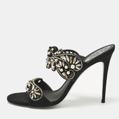 Pre-owned René Caovilla Black Suede Crystal Embellished Slide Sandals Size 41