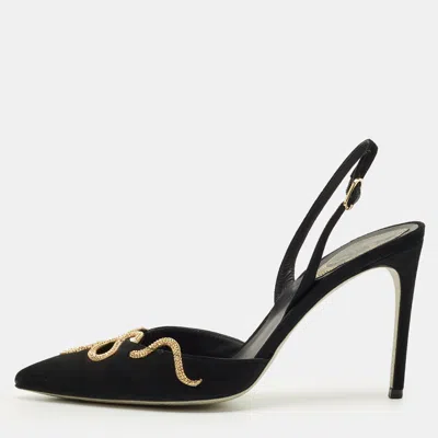 Pre-owned René Caovilla Black Suede Snake Crystal Embellish Slingback Pumps Size 37.5