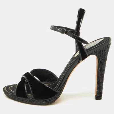 Pre-owned René Caovilla Black Velvet And Patent Leather Ankle Strap Sandals Size 37