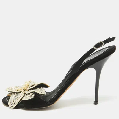 Pre-owned René Caovilla Black Velvet And Satin Pearls Embellished Slingback Sandals Size 40