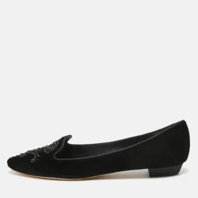 René Caovilla Black Velvet Crystal Embellished Slip On Smoking Slippers Size