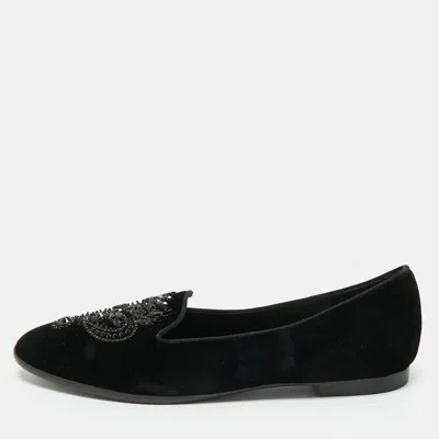 Pre-owned René Caovilla Black Velvet Crystal Embellished Slip On Smoking Slippers Size 41