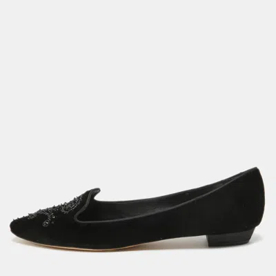 Pre-owned René Caovilla Black Velvet Crystal Embellished Slip On Smoking Slippers Size 41