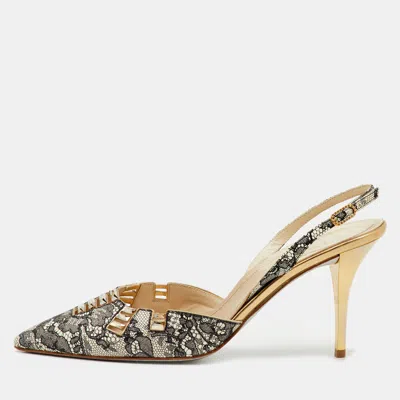 René Caovilla Rene Caovilla Black/white Leather And Lace Crystal Embellished Slingback Pumps In Brown