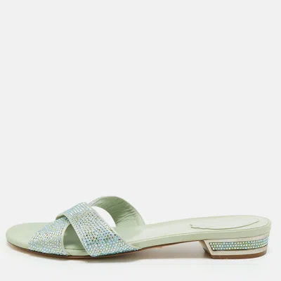 René Caovilla Blue Satin Crystal Embellished Flat Slides