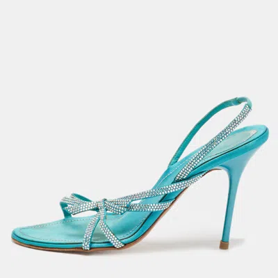 Pre-owned René Caovilla Blue Satin Crystal Embellished Slingback Sandals Size 38.5