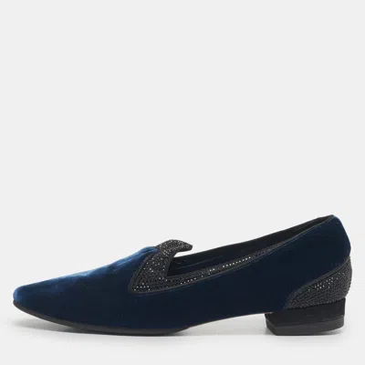 René Caovilla Blue Velvet Crystal Embellished Smoking Slippers
