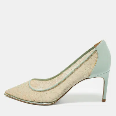 René Caovilla Blue/beige Lace And Leather Pointed Toe Pumps