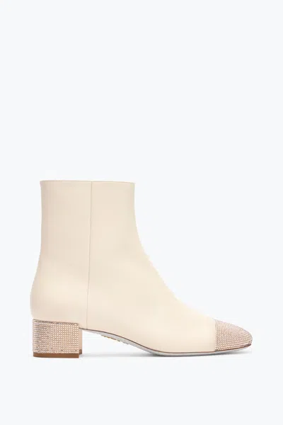 René Caovilla Bonnie Ankle Boot In Ivory Leather With Gold Crystals 40 In White