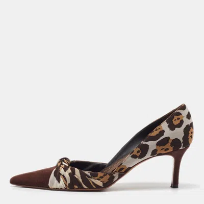 René Caovilla Brown Leopard Print Fabric And Suede Knotted Pointed Toe Pumps