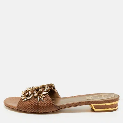 Pre-owned René Caovilla Brown Snakeskin Leather Crystal Embellished Flat Sandals Size 41