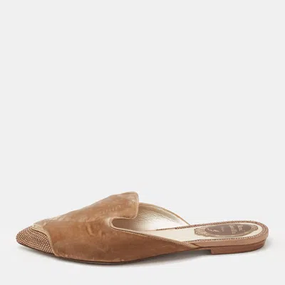 Pre-owned René Caovilla Brown Velvet Crystal Embellished Flat Mules Size 36