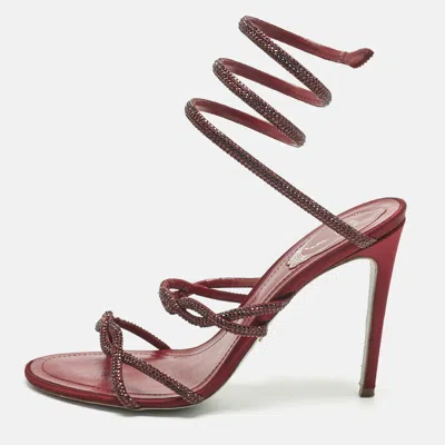 Pre-owned René Caovilla Burgundy Satin Cleo Ankle Strap Sandals Size 39