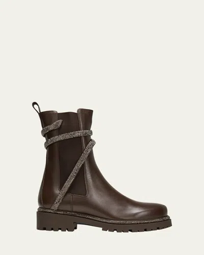 René Caovilla Calfskin Strass Wrap Chelsea Boots In Dark Brown Calf Jet Nut Strass